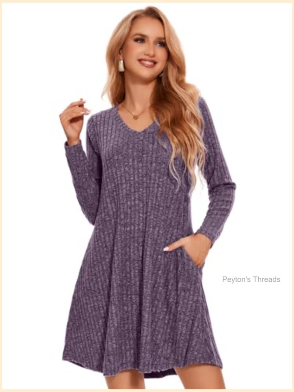 Plus Size Sweater Dress Long Sleeve V-Neck Fall Winter Tunic with Pockets Swing - Picture 3 of 7